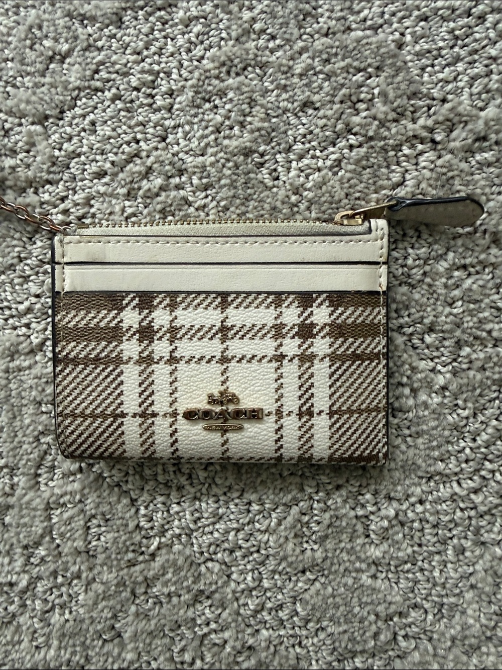 Coach Plaid Zip Card Case Wallet in Cream and Brown Tones